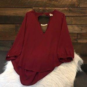 Red open back long sleeve dress shirt